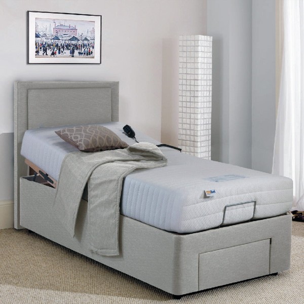 Swan Collection grey adjustable bed with large headboard and under bed storage draw
