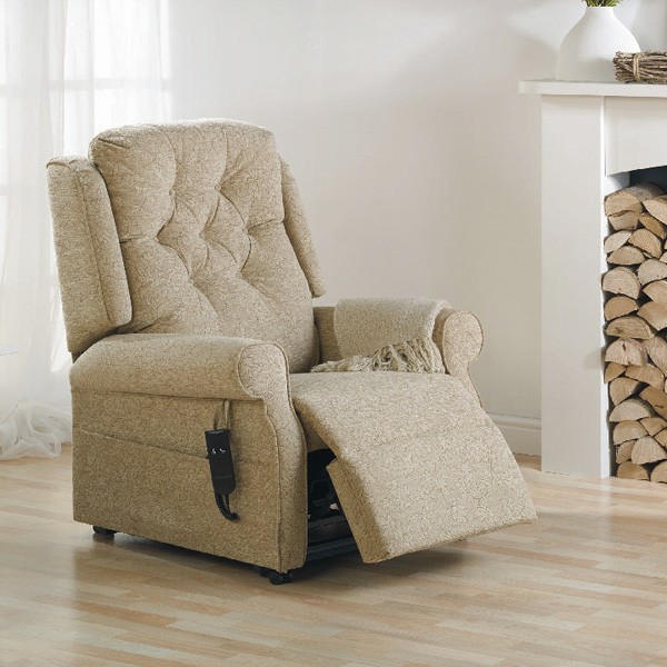 Beige height adjustable wing back arm chair with remote control