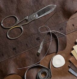 A pair of scissors, a ruler and a tape measure lie on a leather background. At the bottom right is a fabric colour pattern texture.
