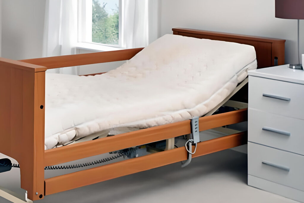 Wooden effect medical bed range with side rail and remote controlled adjustment